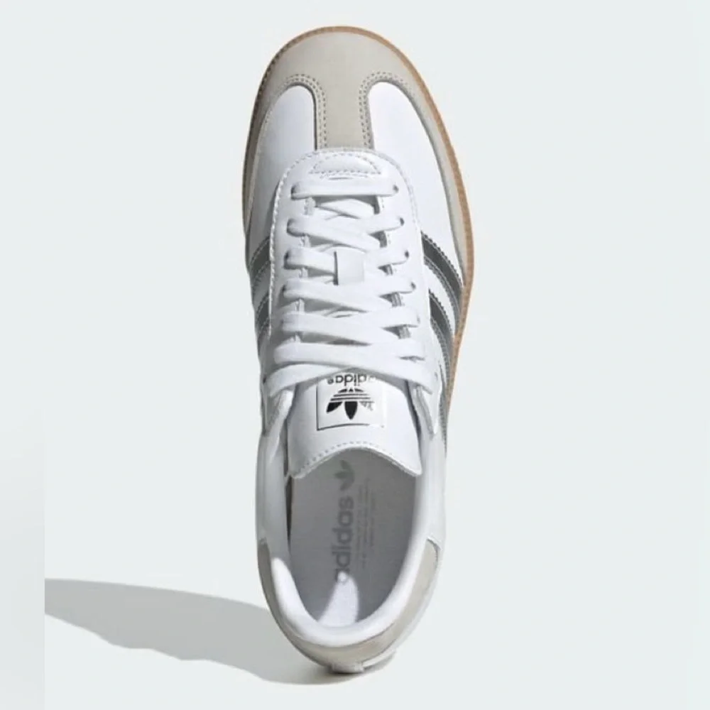 adidas White Leather Sneakers with Silver Stripes and Gum Sole